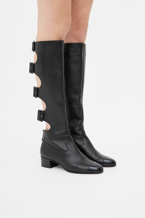 Chanel Black Leather Gladiator Buckle Knee High Boot