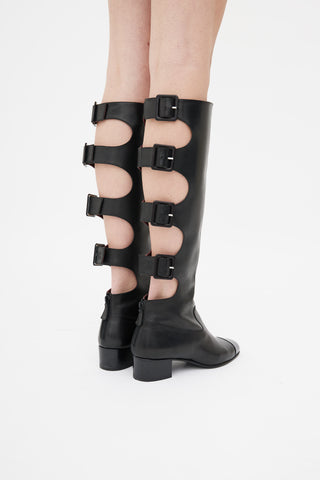 Chanel Black Leather Gladiator Buckle Knee High Boot