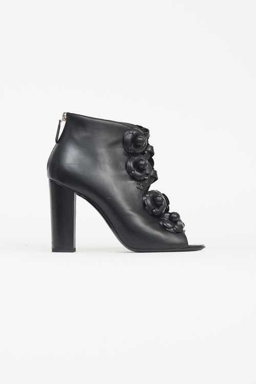 Chanel Black Leather Camellia Caged Bootie