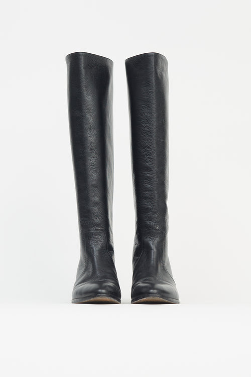 Chanel Black Leather Knee High Riding  Boot