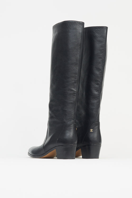 Chanel Black Leather Knee High Riding  Boot