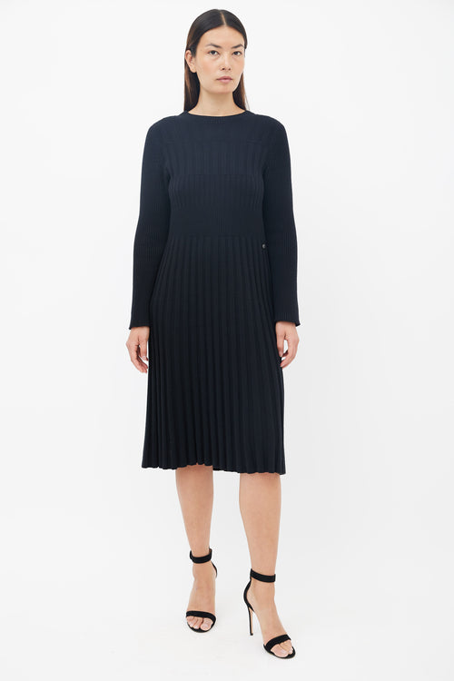 Chanel Black Ribbed Long Sleeve Wool Dress