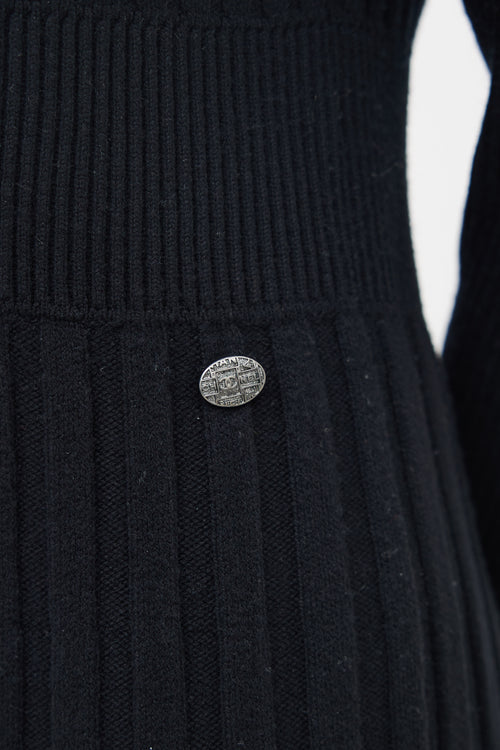 Chanel Black Ribbed Long Sleeve Wool Dress