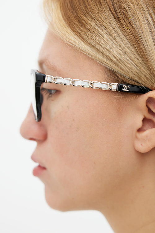 Chanel Black, White 
Gold Chain 3263 Rectangular Glasses