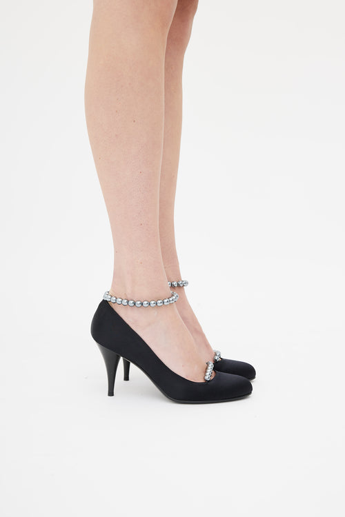 Chanel Black 2005 Spring Satin Beaded Strap Pump