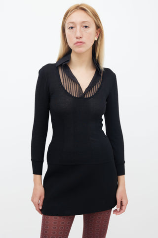 Chanel Black Cashmere 
Silk Knit Sheer Pleated Collar Top