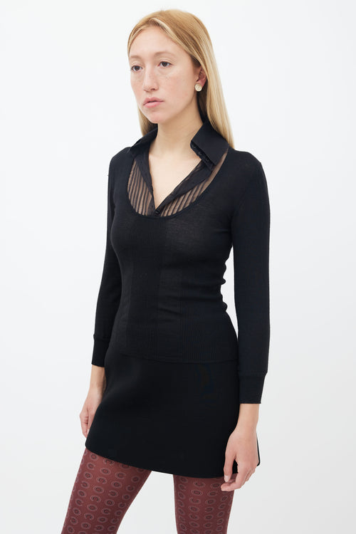 Chanel Black Cashmere 
Silk Knit Sheer Pleated Collar Top