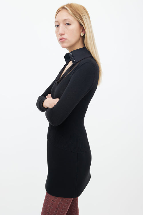 Chanel Black Cashmere 
Silk Knit Sheer Pleated Collar Top