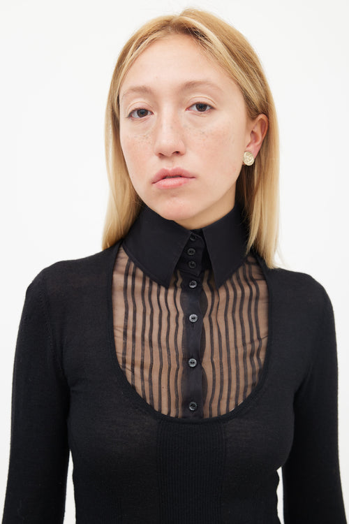 Chanel Black Cashmere 
Silk Knit Sheer Pleated Collar Top