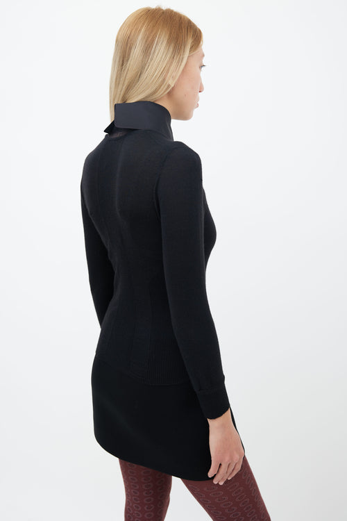 Chanel Black Cashmere 
Silk Knit Sheer Pleated Collar Top