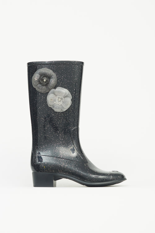 Chanel Black Sparkle Camellia Rubber Boot