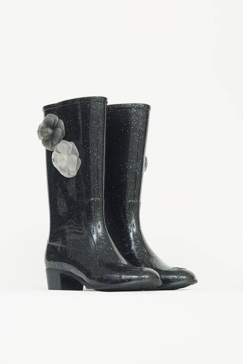 Chanel Black Sparkle Camellia Rubber Boot