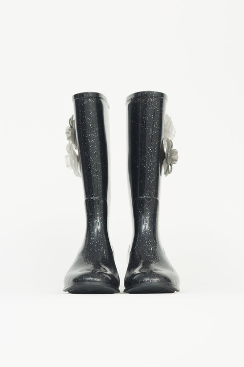 Chanel Black Sparkle Camellia Rubber Boot