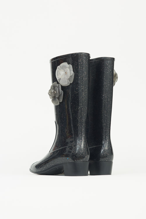 Chanel Black Sparkle Camellia Rubber Boot