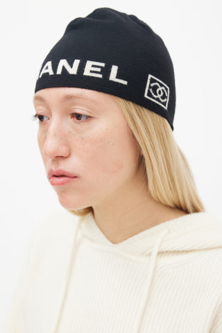 Chanel Black Wool Cream Logo Beanie