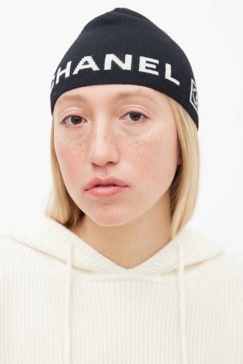 Chanel Black Wool Cream Logo Beanie