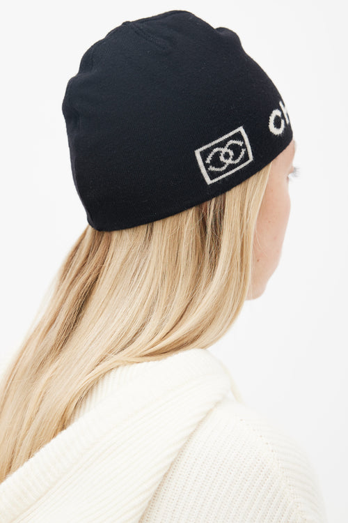 Chanel Black Wool Cream Logo Beanie