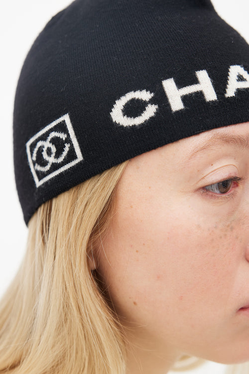 Chanel Black Wool Cream Logo Beanie