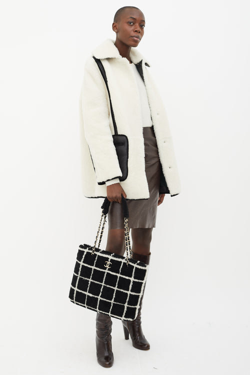 Chanel Black 
White Shearling Grid Tote