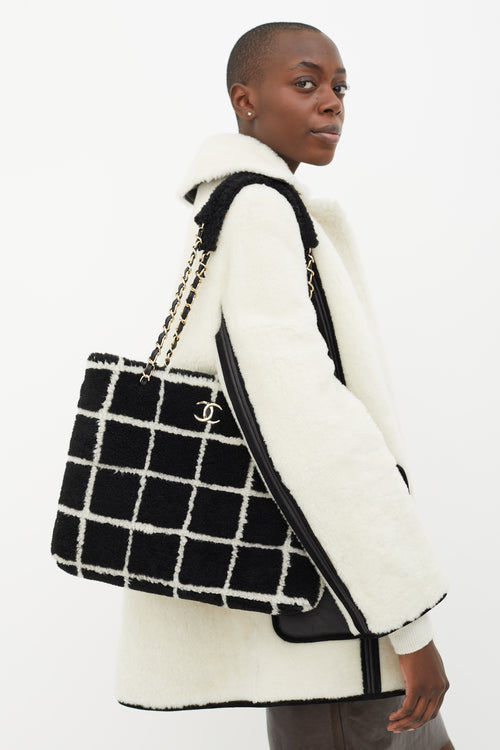 Chanel Black 
White Shearling Grid Tote