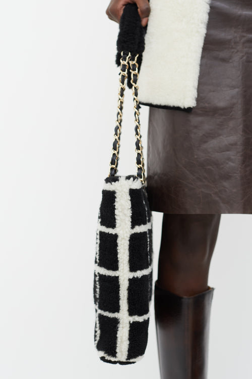 Chanel Black 
White Shearling Grid Tote