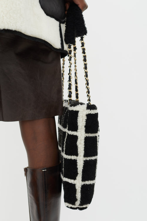 Chanel Black 
White Shearling Grid Tote