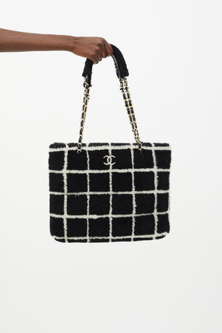 Chanel Black 
White Shearling Grid Tote