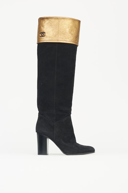 Chanel Black and Gold Suede Knee-High  Boot