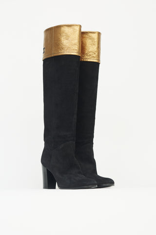 Chanel Black and Gold Suede Knee-High  Boot