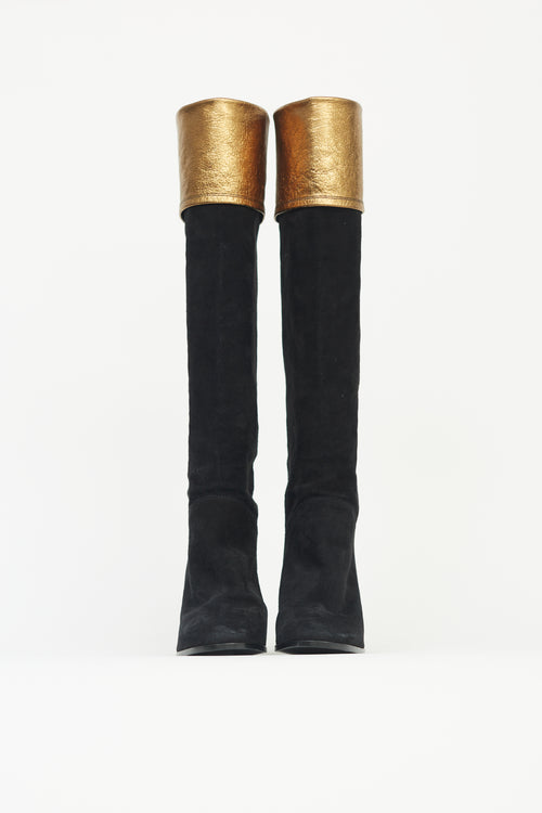 Chanel Black and Gold Suede Knee-High  Boot