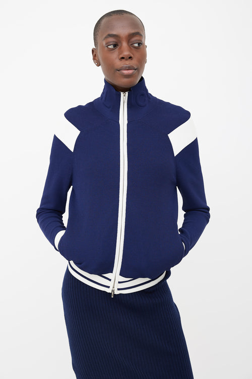 Chanel Navy 
Cream Mock Neck Zip-Up Track Jacket