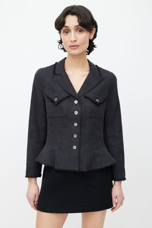 Chanel Dark Grey Silk Two Chest Pocket Raw Hem Blazer