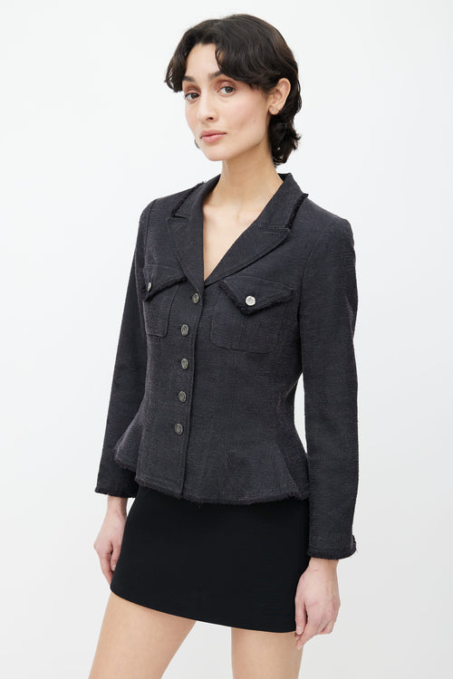 Chanel Dark Grey Silk Two Chest Pocket Raw Hem Blazer