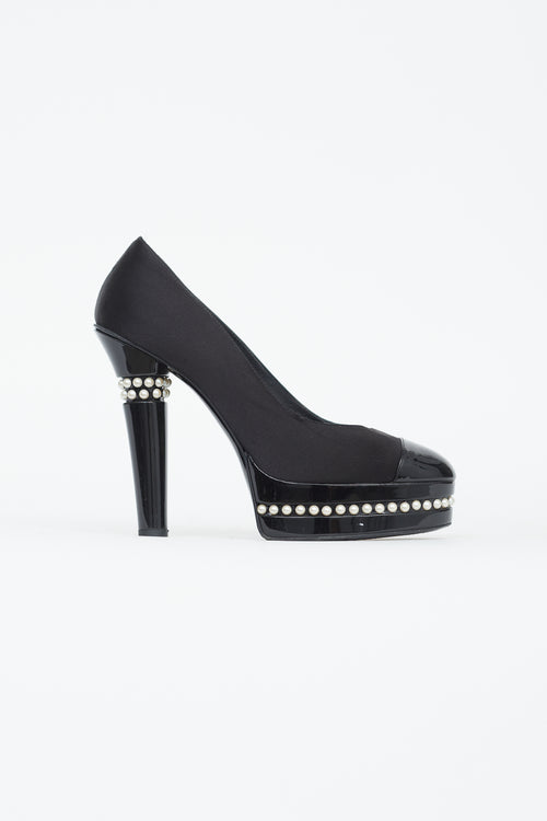 Chanel F09 Black Satin 
Patent Leather Pearl Moscow Pump