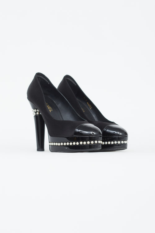 Chanel F09 Black Satin 
Patent Leather Pearl Moscow Pump