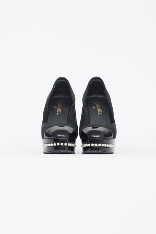 Chanel F09 Black Satin 
Patent Leather Pearl Moscow Pump