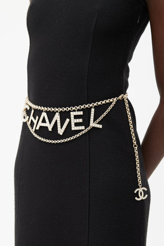 Chanel Gold Tone 
Crystal Embellishment Logo Belt