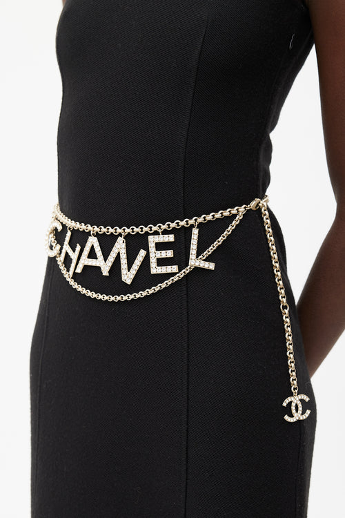 Chanel Gold Tone 
Crystal Embellishment Logo Belt