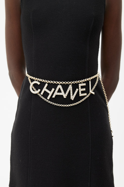 Chanel Gold Tone 
Crystal Embellishment Logo Belt