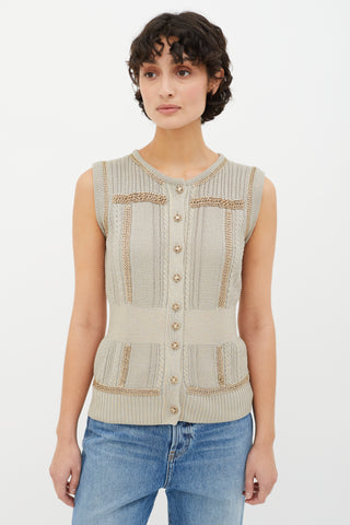 Chanel Grey 
Gold Spring 2008 Metallic Knit 
Chain Link Cardigan Vest