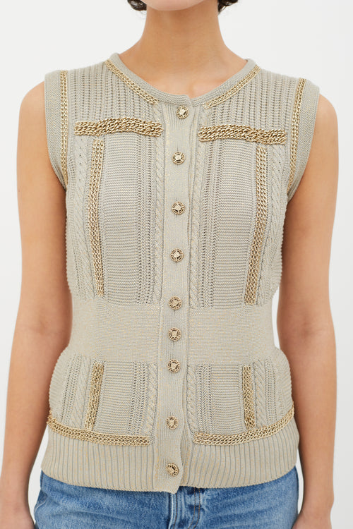 Chanel Grey 
Gold Spring 2008 Metallic Knit 
Chain Link Cardigan Vest