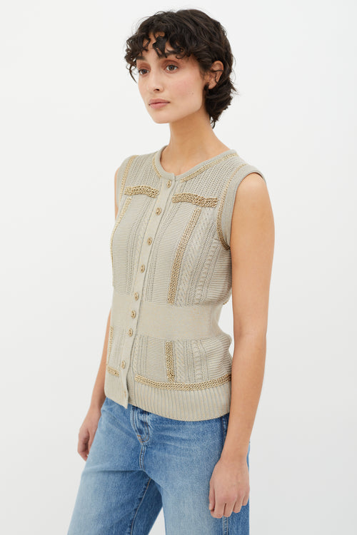 Chanel Grey 
Gold Spring 2008 Metallic Knit 
Chain Link Cardigan Vest