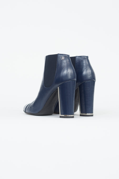 Chanel Navy Leather Silver Heel Trim Ankle Bootie