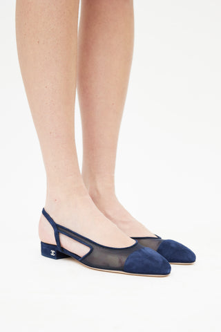 Chanel Navy Suede 
Mesh Slingback Flat