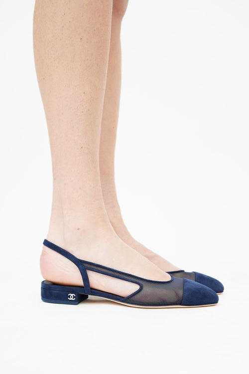 Chanel Navy Suede 
Mesh Slingback Flat