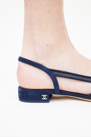 Chanel Navy Suede 
Mesh Slingback Flat