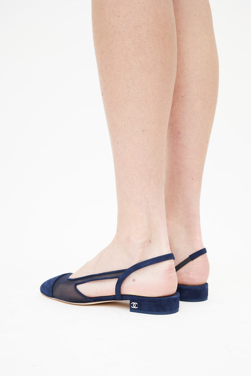 Chanel Navy Suede 
Mesh Slingback Flat