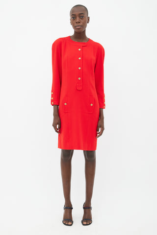 Chanel 90s Red 
Gold-Tone Button Wool Dress