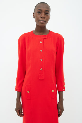 Chanel 90s Red 
Gold-Tone Button Wool Dress