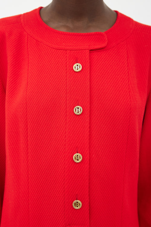 Chanel 90s Red 
Gold-Tone Button Wool Dress